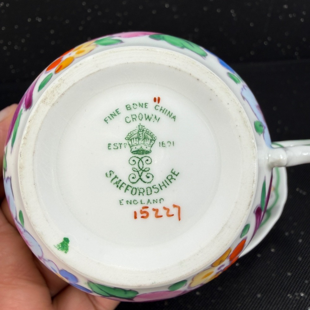 Crown Staffordshire Floral Tea Cup Saucer Set England 15227 Fine Bone China - Picture 5 of 13